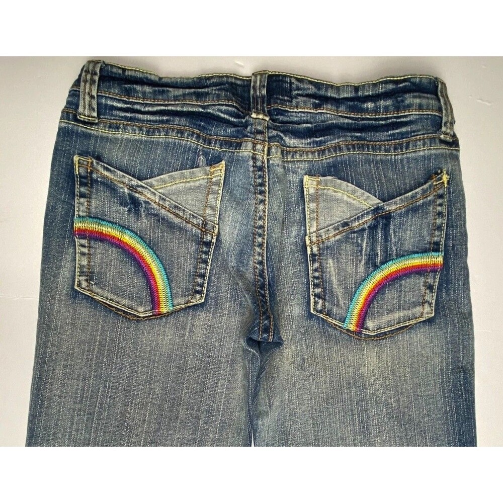 Y2K Vintage Bonage Juniors Women 9/10 Rainbow Embroidered Jeans Blue Low Rise